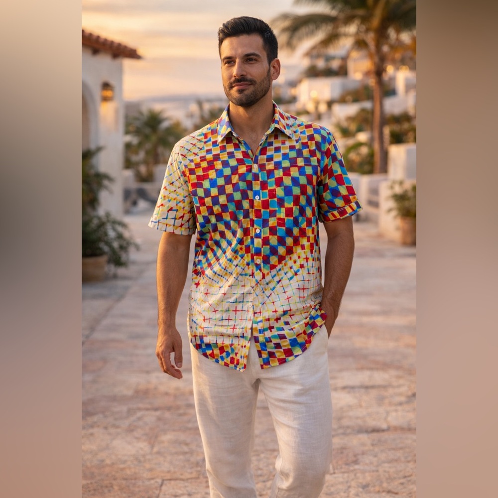 Cremieux Premium Denim Multicolor Geometric Shirt Cotton Button Front L